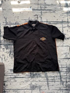 Harley-Davidson Black Short Sleeve Button-Down Shirt with Orange Accents